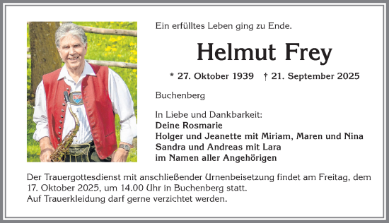 Traueranzeige von Helmut Frey von Allgäuer Zeitung,Kempten