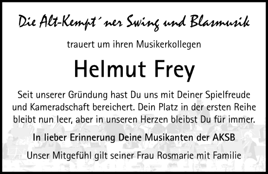 Traueranzeige von Helmut Frey von Allgäuer Zeitung,Kempten