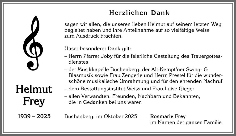  Traueranzeige für Helmut Frey vom 31.10.2025 aus Allgäuer Zeitung,Kempten