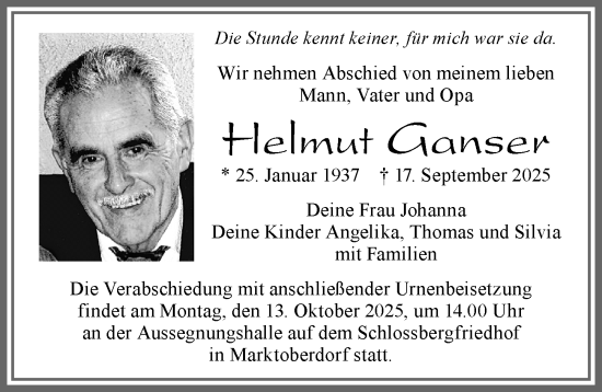 Traueranzeige von Helmut Ganser von Allgäuer Zeitung, Marktoberdorf