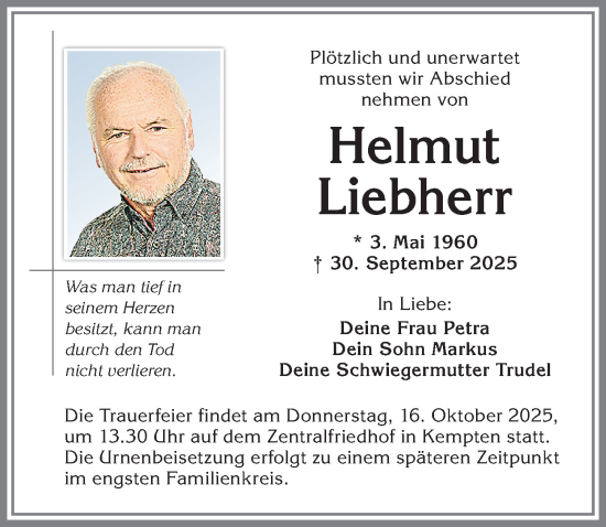 Traueranzeige von Helmut Liebherr von Allgäuer Zeitung,Kempten