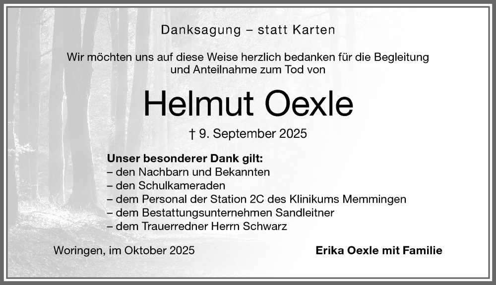  Traueranzeige für Helmut Oexle vom 11.10.2025 aus Memminger Zeitung