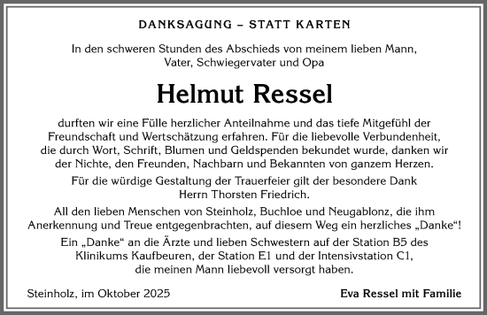 Traueranzeige von Helmut Ressel von Allgäuer Zeitung, Kaufbeuren/Buchloe