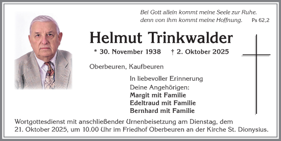 Traueranzeige von Helmut Trinkwalder von Allgäuer Zeitung, Kaufbeuren/Buchloe