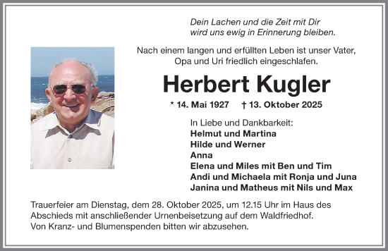 Traueranzeige von Herbert Kugler von Memminger Zeitung