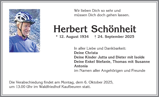Traueranzeige von Herbert Schönheit von Allgäuer Zeitung, Kaufbeuren/Buchloe