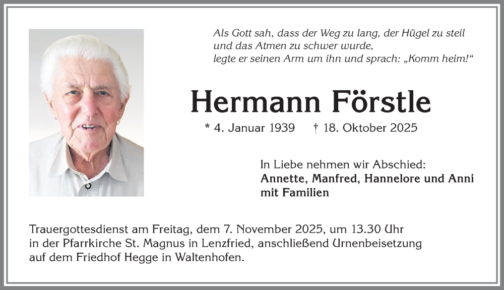  Traueranzeige für Hermann Förstle vom 31.10.2025 aus Allgäuer Zeitung,Kempten
