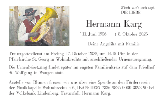 Traueranzeige von Hermann Karg von Der Westallgäuer