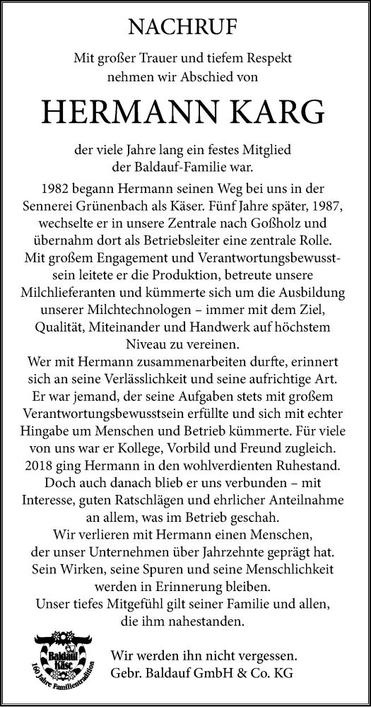 Traueranzeige von Hermann Karg von Der Westallgäuer