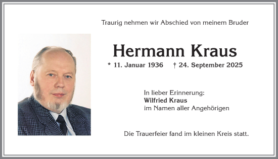 Traueranzeige von Hermann Kraus von Allgäuer Zeitung,Kempten