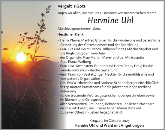 Traueranzeige von Hermine Uhl von Allgäuer Zeitung,Kempten
