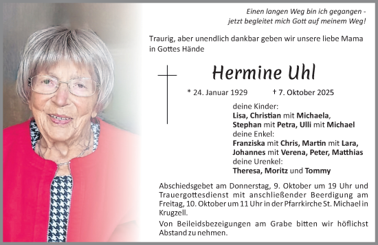 Traueranzeige von Hermine Uhl von Allgäuer Zeitung,Kempten