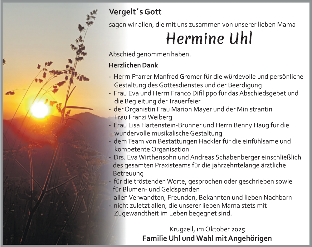 Traueranzeige für Hermine Uhl vom 18.10.2025 aus Allgäuer Zeitung,Kempten