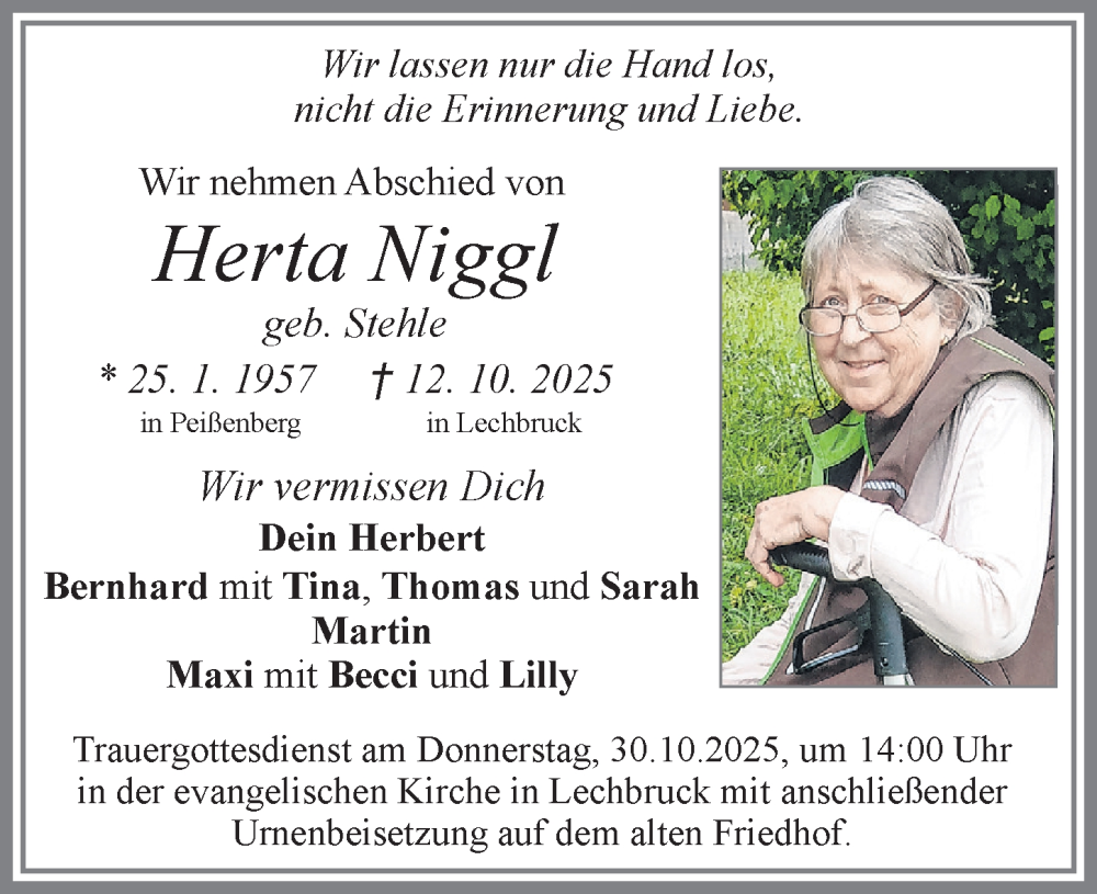  Traueranzeige für Herta Niggl vom 25.10.2025 aus Allgäuer Zeitung, Füssen