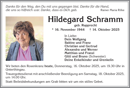 Traueranzeige von Hildegard Schramm von Allgäuer Zeitung, Marktoberdorf