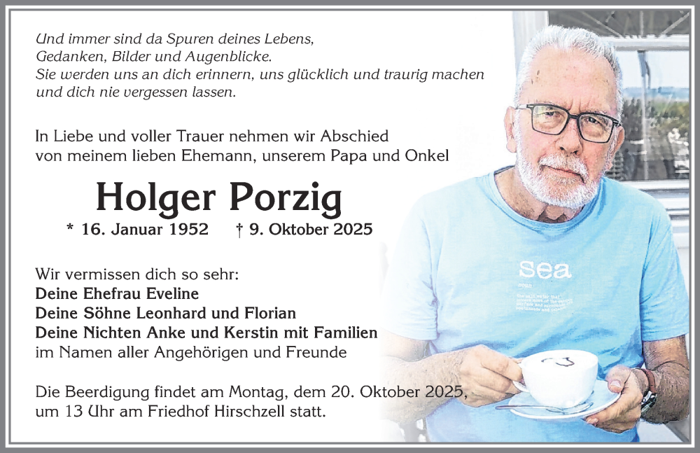  Traueranzeige für Holger Porzig vom 18.10.2025 aus Allgäuer Zeitung, Kaufbeuren/Buchloe