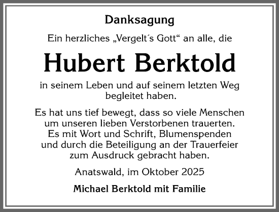 Traueranzeige von Hubert Berktold von Allgäuer Anzeigeblatt
