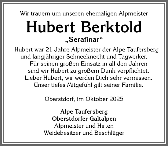Traueranzeige von Hubert Berktold von Allgäuer Anzeigeblatt
