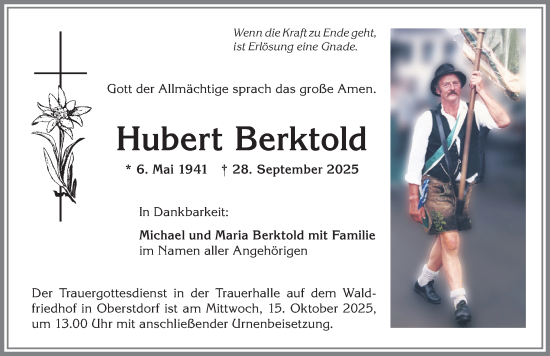 Traueranzeige von Hubert Berktold von Allgäuer Anzeigeblatt
