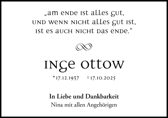 Traueranzeige von Inge Ottow von Memminger Zeitung