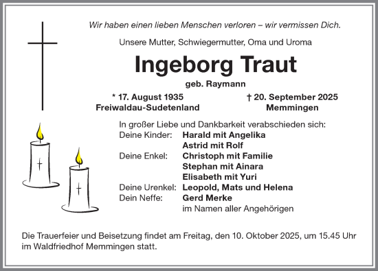 Traueranzeige von Ingeborg Traut von Memminger Zeitung