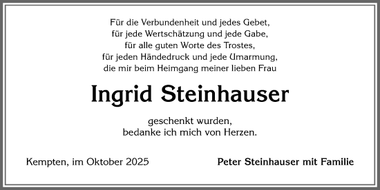 Traueranzeige von Ingrid Steinhauser von Allgäuer Zeitung,Kempten