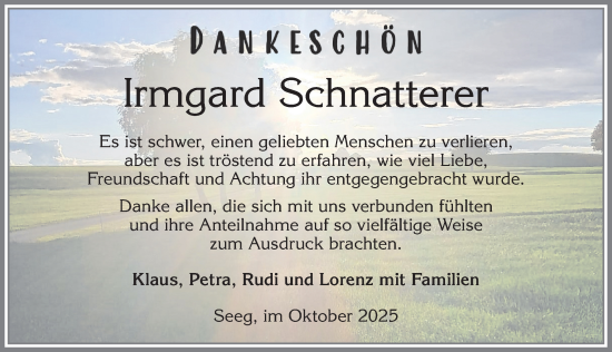 Traueranzeige von Irmgard Schnatterer von Allgäuer Zeitung, Füssen