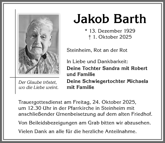 Traueranzeige von Jakob Barth von Memminger Zeitung