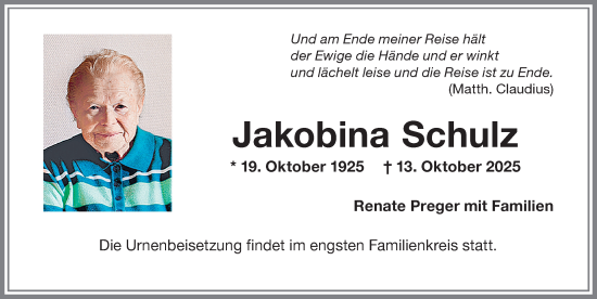 Traueranzeige von Jakobina Schulz von Memminger Zeitung