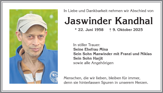 Traueranzeige von Jaswinder Kandhal von Allgäuer Zeitung,Kempten