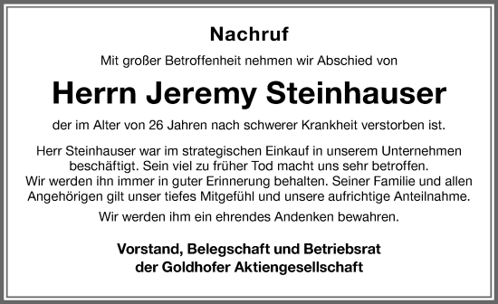 Traueranzeige von Jeremy Steinhauser von Memminger Zeitung