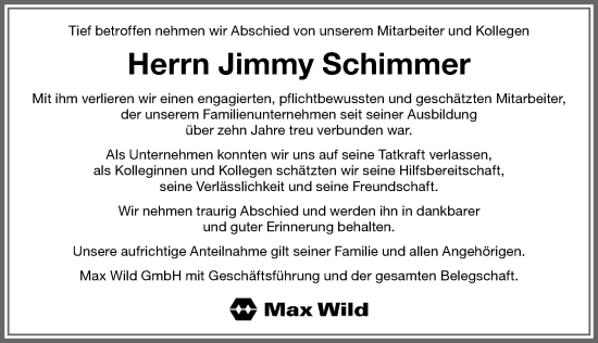 Traueranzeige von Jimmy Schimmer von Memminger Zeitung