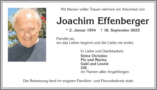Traueranzeige von Joachim Effenberger von Allgäuer Zeitung, Kaufbeuren/Buchloe