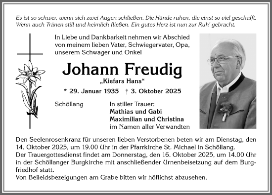 Traueranzeige von Johann Freudig von Allgäuer Anzeigeblatt