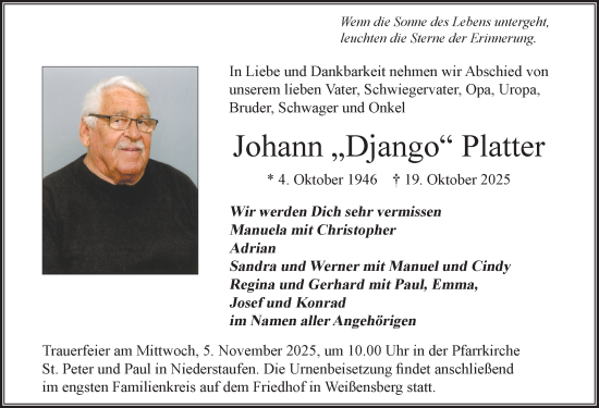 Traueranzeige von Johann Platter von Der Westallgäuer