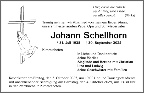 Traueranzeige von Johann Schellhorn von Allgäuer Zeitung,Kempten