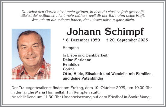 Traueranzeige von Johann Schimpf von Allgäuer Zeitung,Kempten