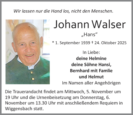 Traueranzeige von Johann Walser von Allgäuer Zeitung,Kempten