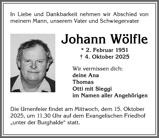 Traueranzeige von Johann Wölfle von Allgäuer Zeitung,Kempten