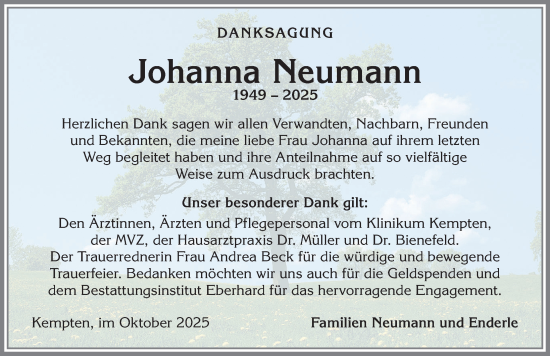 Traueranzeige von Johanna Neumann von Allgäuer Zeitung,Kempten