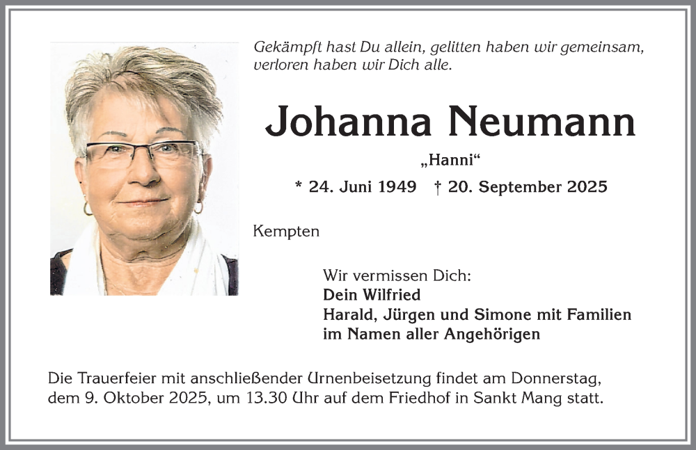  Traueranzeige für Johanna Neumann vom 04.10.2025 aus Allgäuer Zeitung,Kempten