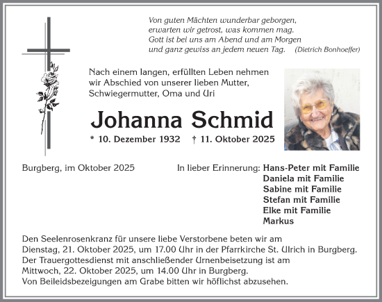 Traueranzeige von Johanna Schmid von Allgäuer Anzeigeblatt