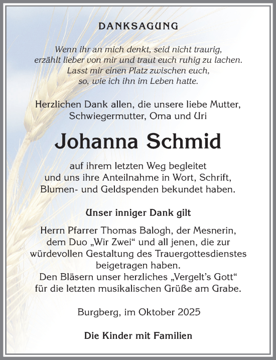 Traueranzeige von Johanna Schmid von Allgäuer Anzeigeblatt