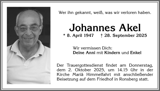 Traueranzeige von Johannes Akel von Allgäuer Zeitung, Marktoberdorf