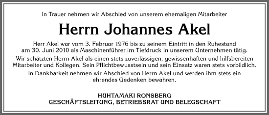Traueranzeige von Johannes Akel von Allgäuer Zeitung, Marktoberdorf