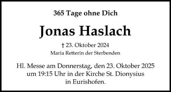 Traueranzeige von Jonas Haslach von Mindelheimer Zeitung, Augsburger Allgemeine