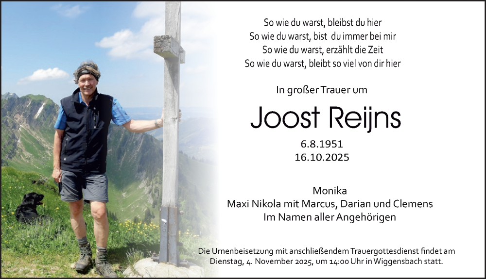 Traueranzeige für Joost Reijns vom 25.10.2025 aus Allgäuer Zeitung,Kempten