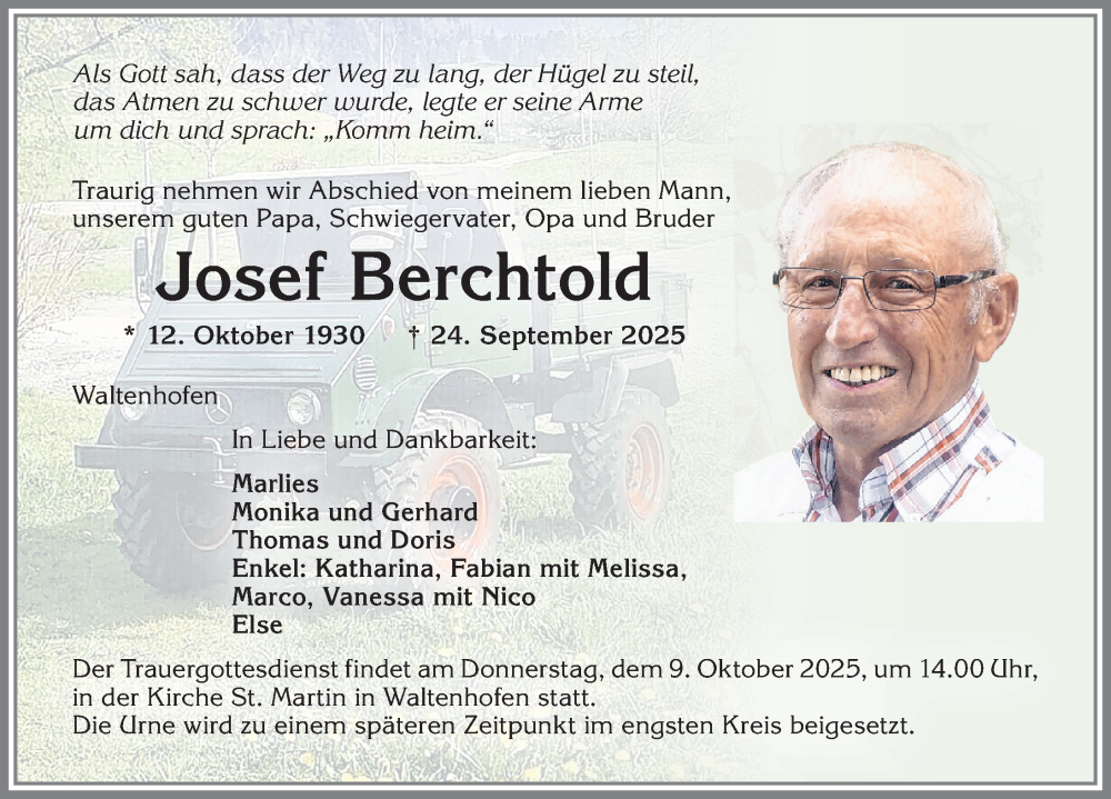  Traueranzeige für Josef Berchtold vom 04.10.2025 aus Allgäuer Zeitung,Kempten