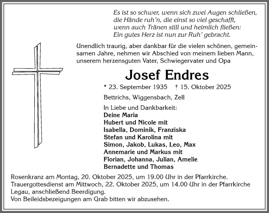 Traueranzeige von Josef Endres von Memminger Zeitung