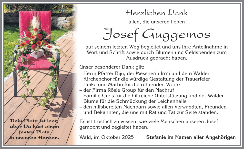  Traueranzeige für Josef Guggemos vom 18.10.2025 aus Allgäuer Zeitung, Marktoberdorf